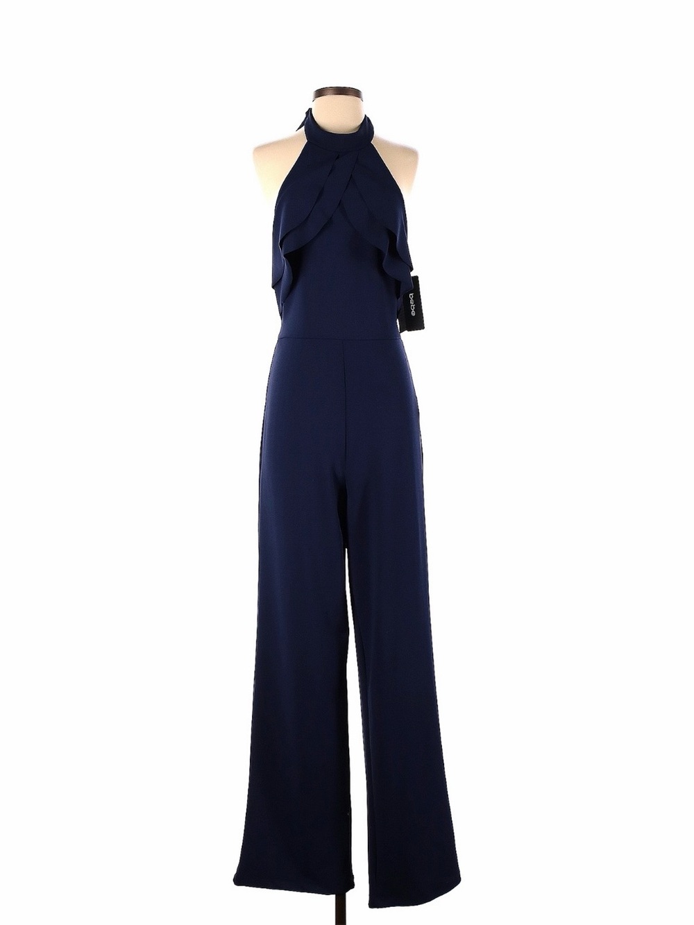 bebe Navy Halter Ruffle Wide-Leg Jumpsuit
